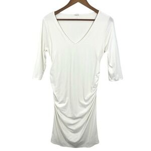 Pink Blush White Maternity Dress Ruched V Neck 3/4 Sleeve Mini Dress Baby Shower